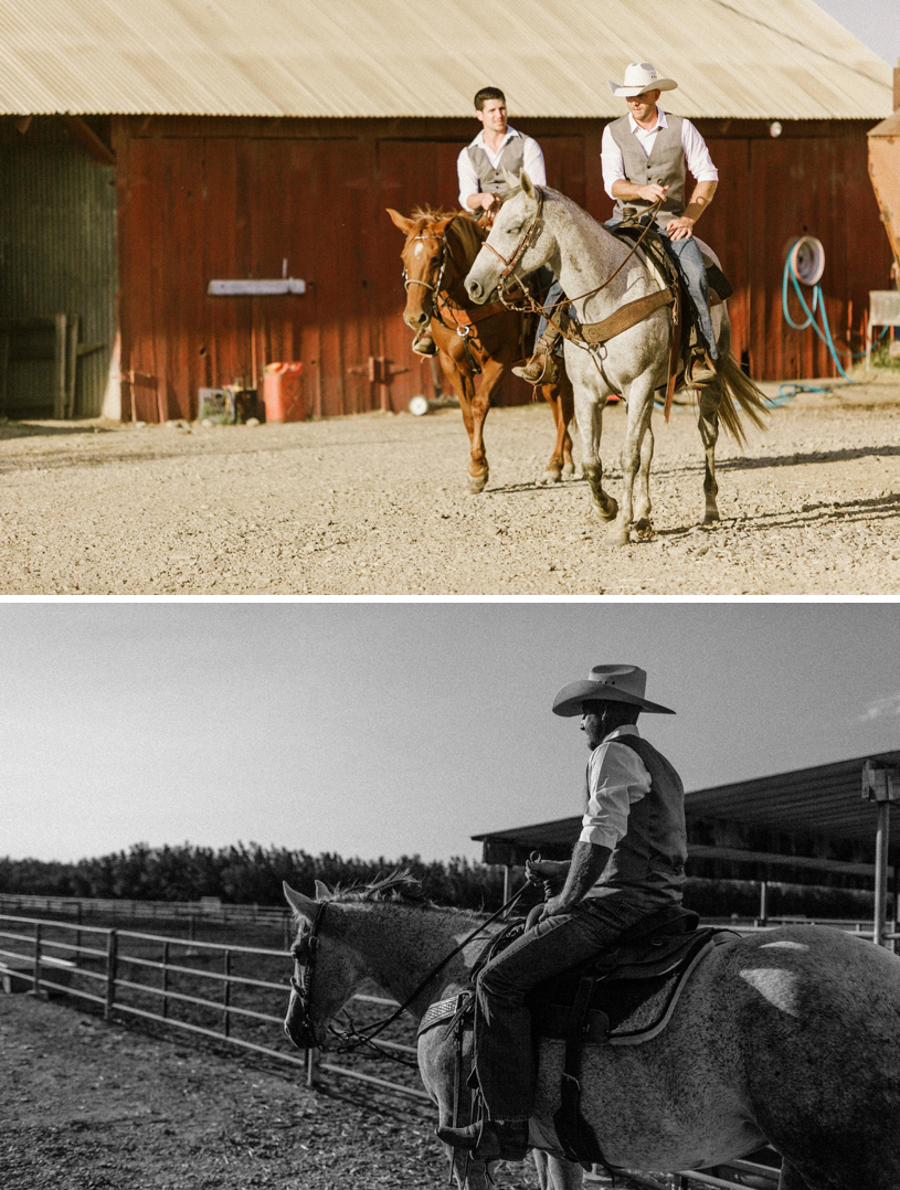 groom riding horseback into his wedding at a barn by heather elizabeth photography