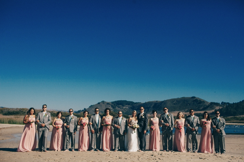 blush pink and grey bridal party colors on the beaches of carmel for a wedding by heather elizabeth photography