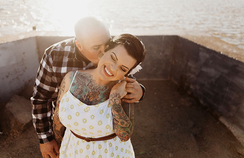 adorable candid engagement session of a tattooed couple in Benicia california by heather elizabeth photography