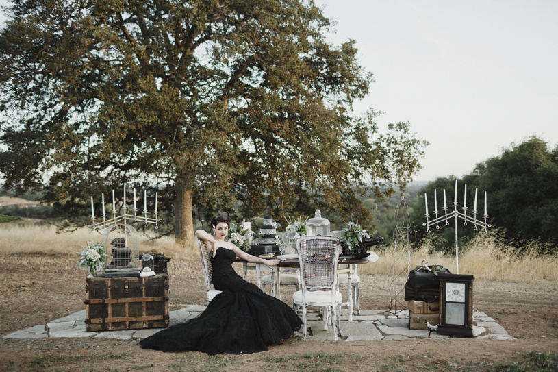 Black La Soie Bridal gown at at gothic fall inspiration wedding by Heather Elizabeth Photography