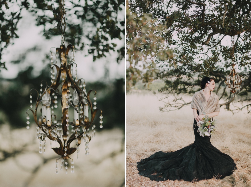 fall haunted wedding inspiration with a black wedding gown by heather Elizabeth photography