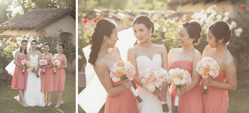 salmon and yellow bridesmaids dresses and flowers at the adobo lodge by heather elizabeth photography
