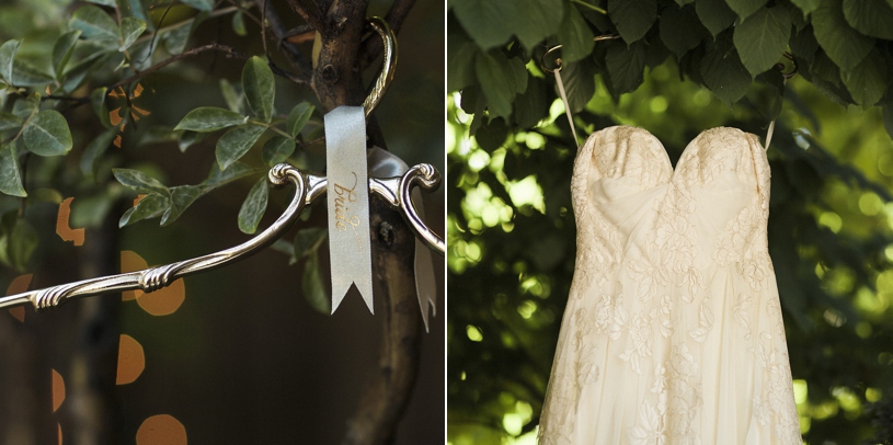 A sarah seven dress hanging up at the forest house lodge in foresthill California by Heather Elizabeth Photography