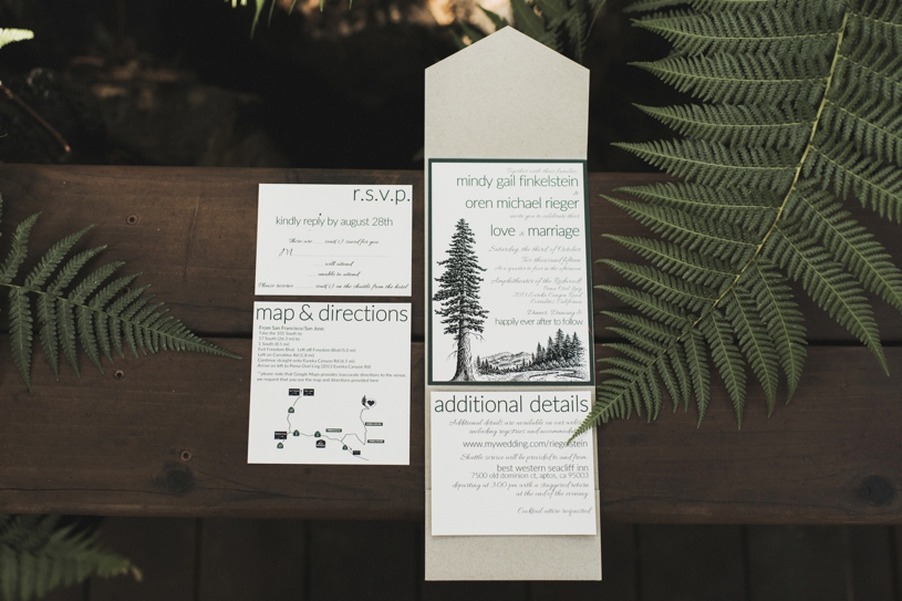 Camping themed wedding invites at Pema Osel Ling by Heather Elizabeth Photography