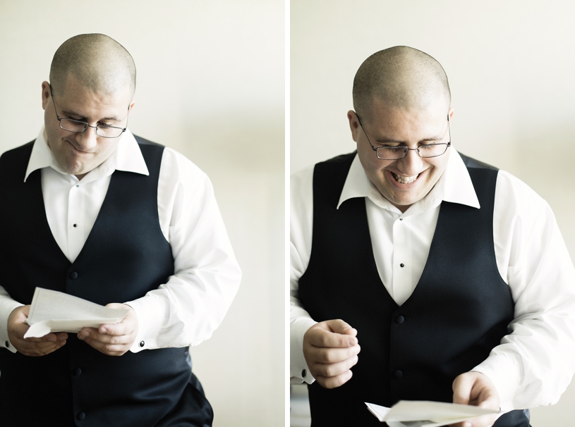 Photo journalistic wedding photo of a groom reading a letter from his bride to be before his wedding in Burlingame by Heather Elizabeth Photography