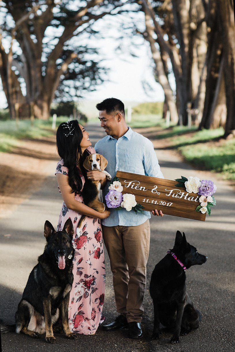 Tien + TuHai Point Reyes Engagement photos with dog friends Foto Foto